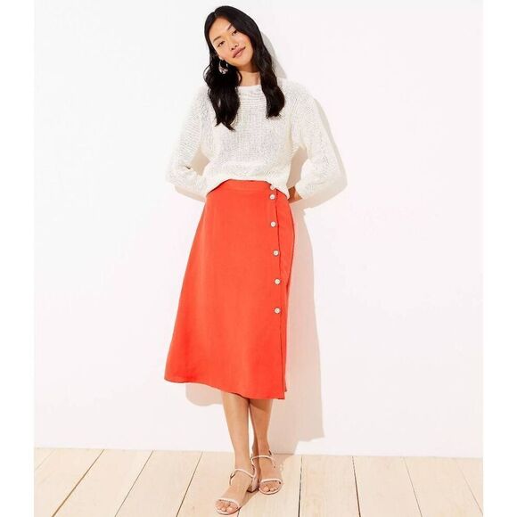 LOFT Dresses & Skirts - Loft Side Button Midi Skirt In Orange Linen Blend Nwt Women's Size 6
